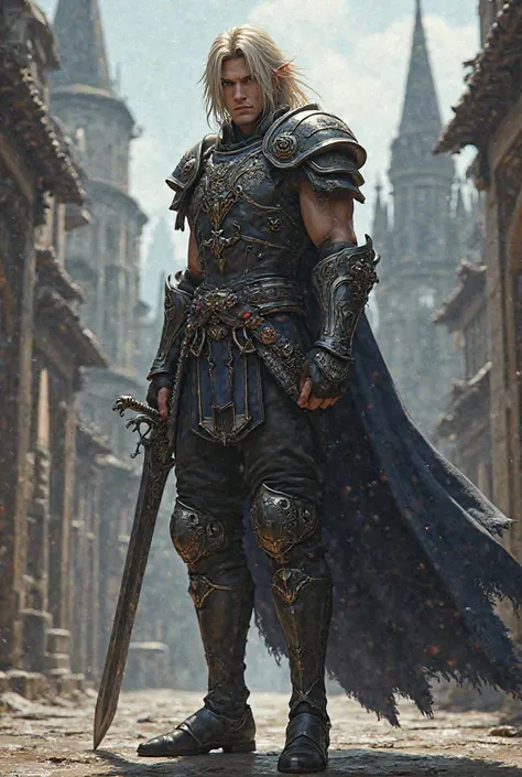 Create final fantasy style: a handsome man with long hair with light eyes wearing stylish armor with shapely legs and a stylish sword in a medieval city. 