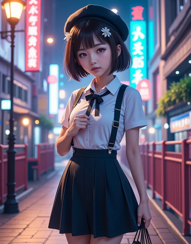 Alone,1 girl\((hatoba tsugu),Hatobatsugu , beret\(white flower ornament\), 1 mole has ,  black ribbon tie, short hair,white shirt, Black Suspender Skirt\) goldfish in the bag, Pedestrian bridge, Street lamp, (Alice in Wonderland:0.5),(multicolor Glitch,Gli...