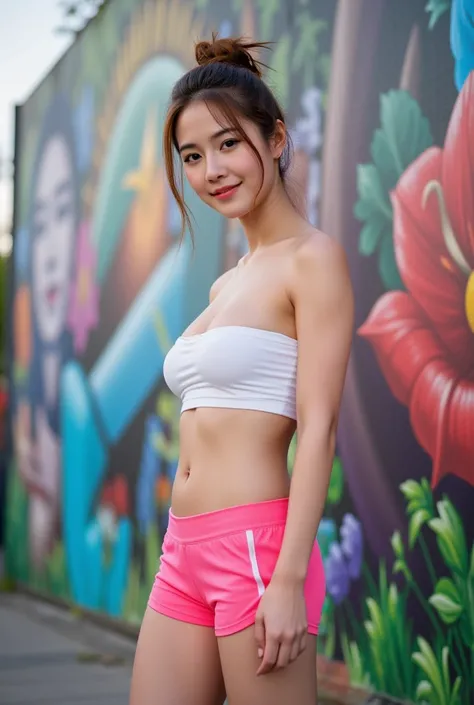 Thai woman, long brown hair messy bun, look at camera, smirk,  wearing a white strapless top, and pink shorts running pants, large breast, cleavage, navel, standing in front of a detailed graffiti wall, mural with themes of nature and fantasy, bright and l...