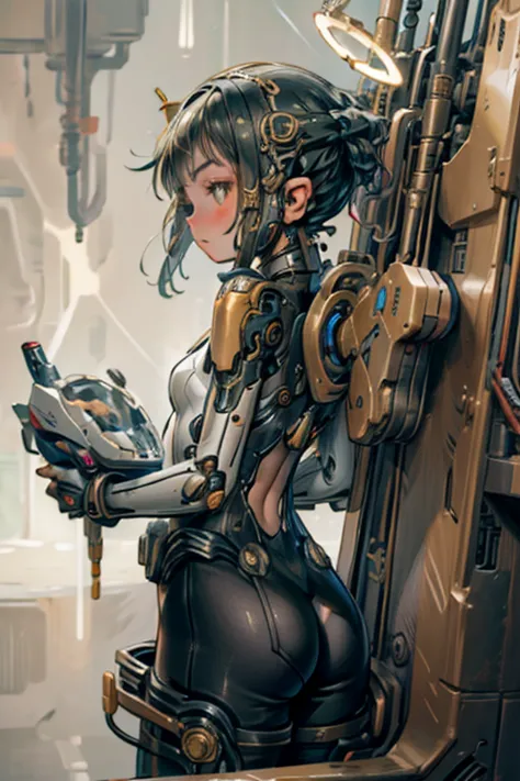 
age girl,  Liquid Bodysuit , Fluid Armor  (I carry a machine like a halo on my back,  Elegant and Intricate Design ),  sensational ,  cool pose