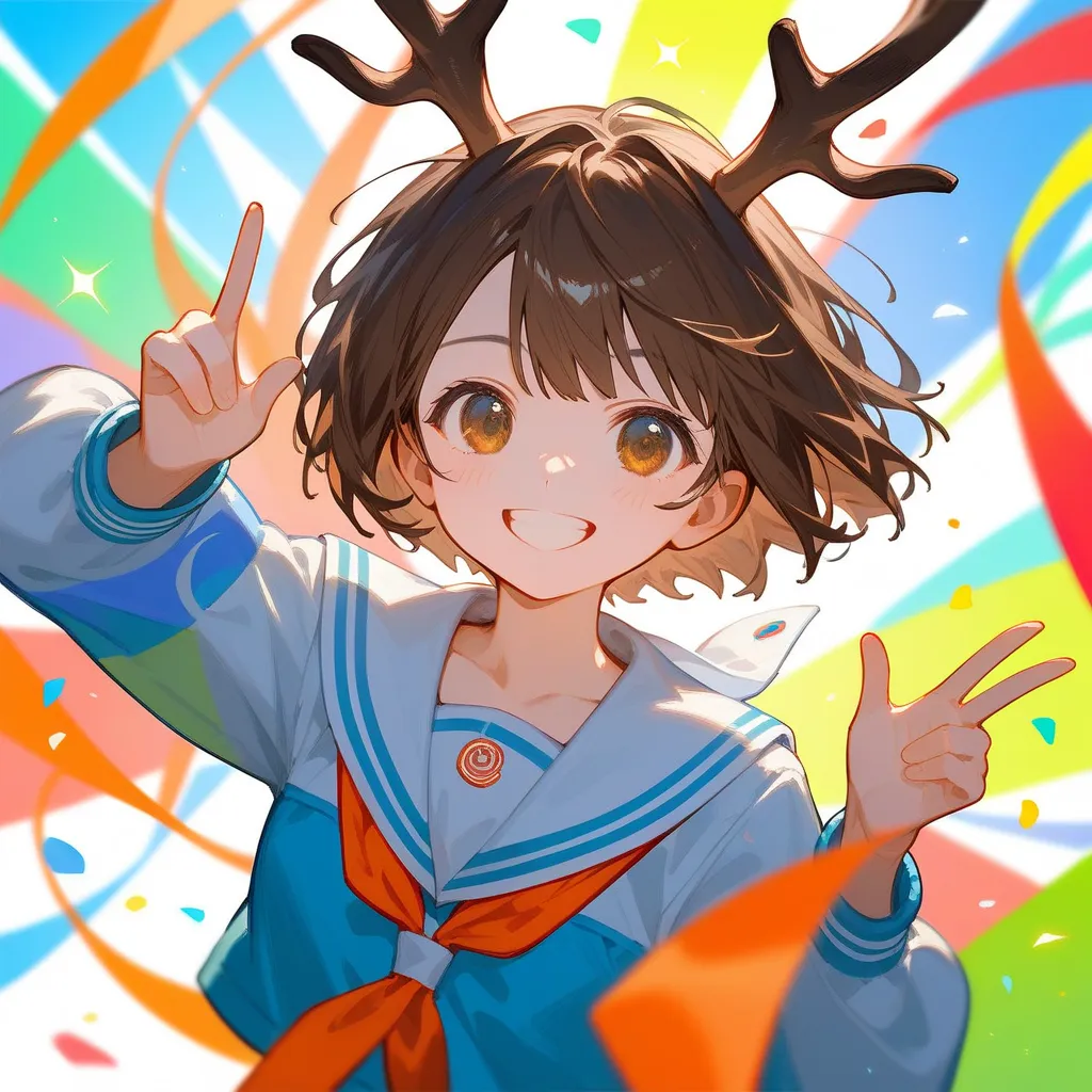 Girl with antlers,  brown short hair,  wearing sailor suits ,  Smile happily , Striking dynamic poses on campus,Anime Art