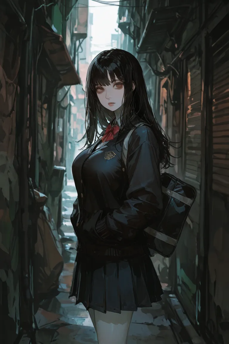 junior, big boobs, long hair, black hair, brown eyes, white skin, alley, school uniform