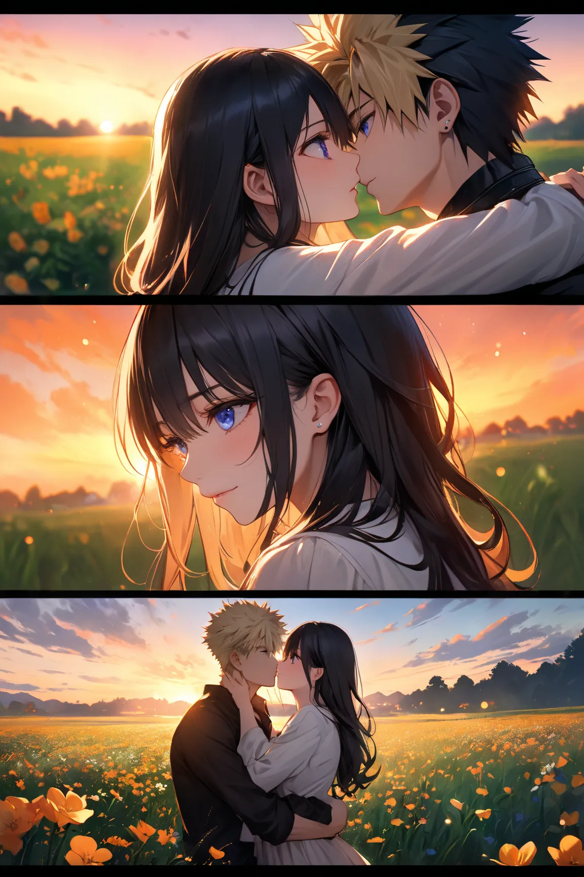 a woman with long black hair and blue eyes kisses Bakugou who has pointed blond hair and red eyes,a romantic scene at sunset on a beautiful cammujer, delicate face,piercing blue eyes,long silky black hair,expression of passion,bakugou pointed blond hair an...