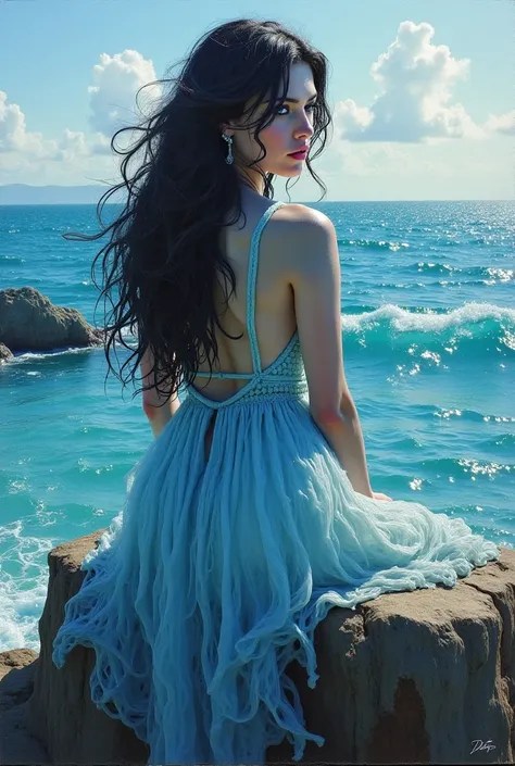 Oil painting of very long black curly haired Dua Lipa as a syren with pale blue skin sitting in a rock