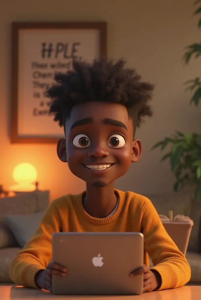 Create a scene of the young African man (Fadelo) sitting in front of a camera in a cozy room, smiling warmly. The background should have a motivational quote and a laptop. Pixar 3D animation style 