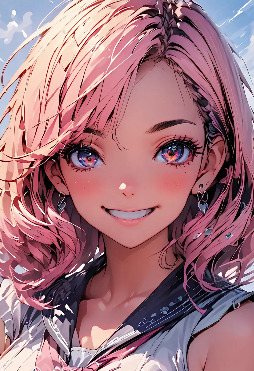 A whimsical, stylized happy face with exaggeratedly busty proportions,  [beautiful woman] [sun light] [coloured] [background white] The face is cute,   curly hair, with each lock drawn in a distinct and dynamic manner to convey a sense of movement and live...