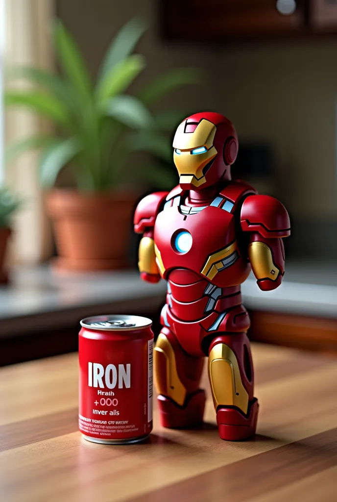 close-up of a good bottle of iron next to a can, Iron,  very tasty , Ironman, thumbnail, lina,  non-greasy ,  complex environment  , large photo , drinking cough medicine, by Josetsu, giống như Ironman,  “iron shell , 🎀 🗡 🍓 🧚, Iron Man,  300 s  , feature, ...