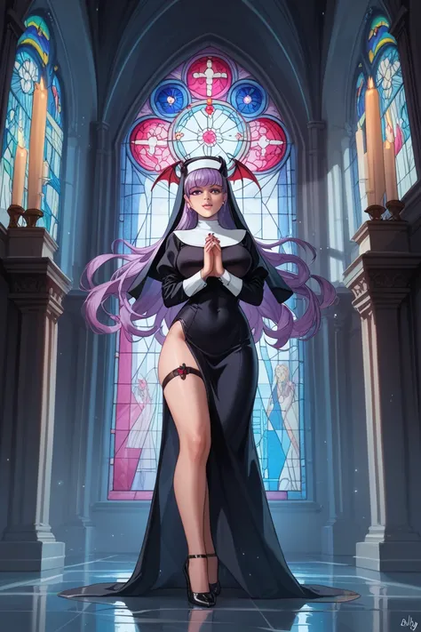 Succubus nun with purple hair and green eyes