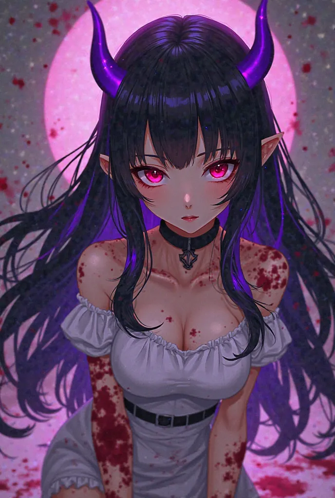 female. long black hair. glowing purple hairstrands. red eyes. pointy ears. purple horns. black neck choker. white plain short dress. white puffy short sleeves. Blood all over her. Anime style