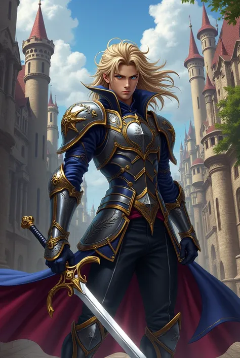 Create Yu-Gi-Oh style a handsome man with long hair with light eyes wearing stylish armor with turned legs a stylish sword in a medieval city 