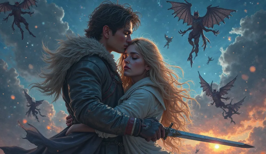  fantasy。Attacked by many flying demons、While hugging a beautiful blonde woman who cries and closes her eyes、A young man who never gives up and fights with a sword。Stars that shine like crystals at night。4K