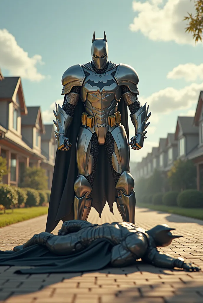 Create an animated image of a man dressed in shiny armor cheating Batman in a place full of modern houses and Batman lying on the floor 