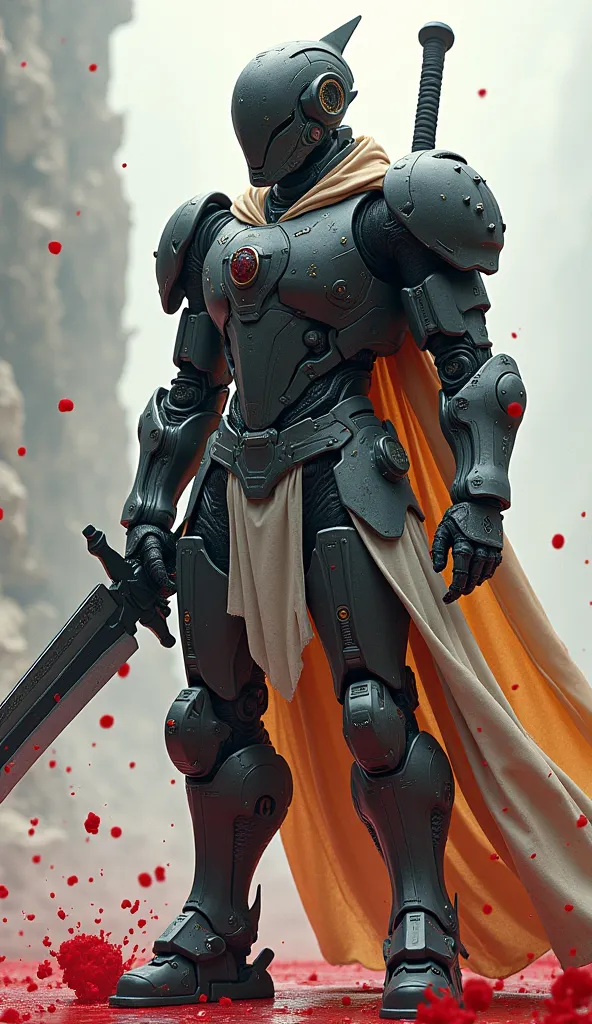 privileged warrior, male, unforgiving guard, who is equipped with a robotic exoskeleton and technologically complex heavy armor, technologically complex blade-sharp sword, distant future, fights with evil spirits, blood, high detail