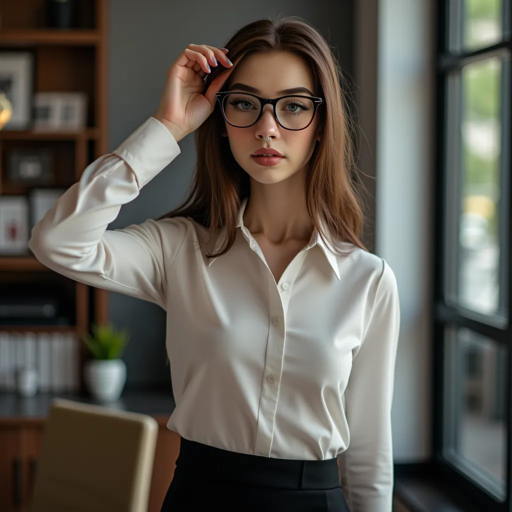 dressed in a blouse, AND A BLACK SKIRT, executive, with glasses, realistic, 16K,  in the office, selfie