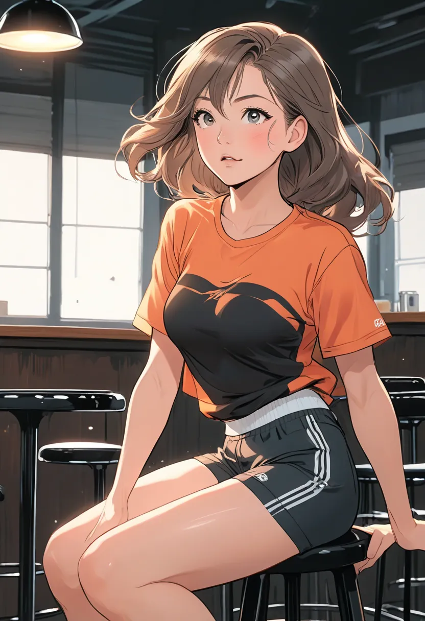 1girl, detailed hair, medium large breasts, shirt, dolphin shorts, tight clothes, ((sitting on black barstool, side view, shaking, motion lines, heavy breathing, blushing, dynamic angle)), masterpiece, best quality, high quality, super detailed, source_ani...