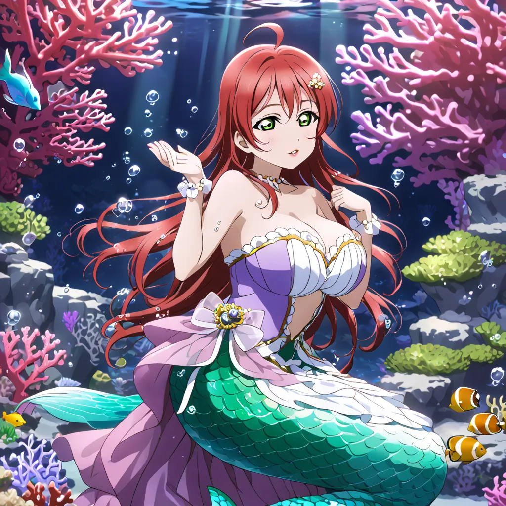 Green Mermaid love live swim underwater, coral, fish, water bubbles, night, mermaid wear gown transparent, huge breasts, red hair, green eyes, purple bra, mermaid tail up pose, ahoge, red lips, red eyeshadow,