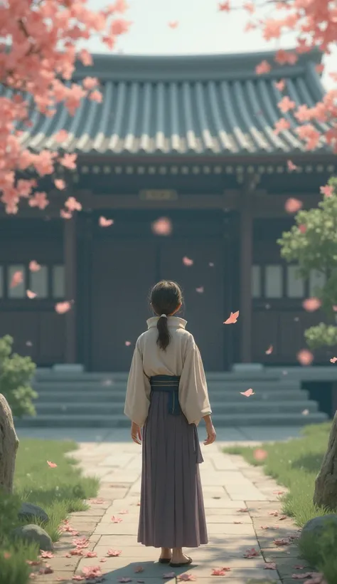 Blurred background scene of an ancient Shinto temple, Cherry blossoms gently falling, main character wearing classic kimono, thoughtful gaze.