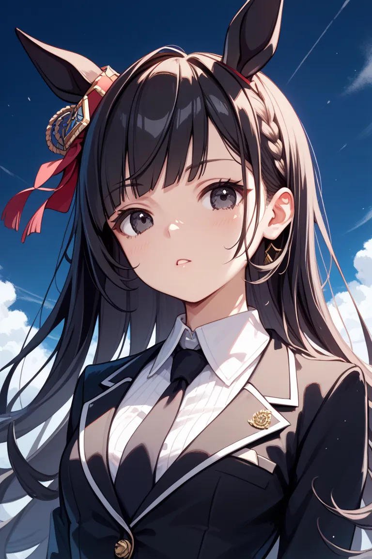 1girl,solo, umamusume,
horse ears, 
horse tail, 
sharp black eyes,
 (Thin) inverted triangle face,
black  hair, 
hair is a white mesh in the middle Medium long hair
small breasts, 
160cm, 
Bust 85cm,  
waist 60cm, 
hip 80cm, 
woman, 
female,  
young,  
bla...