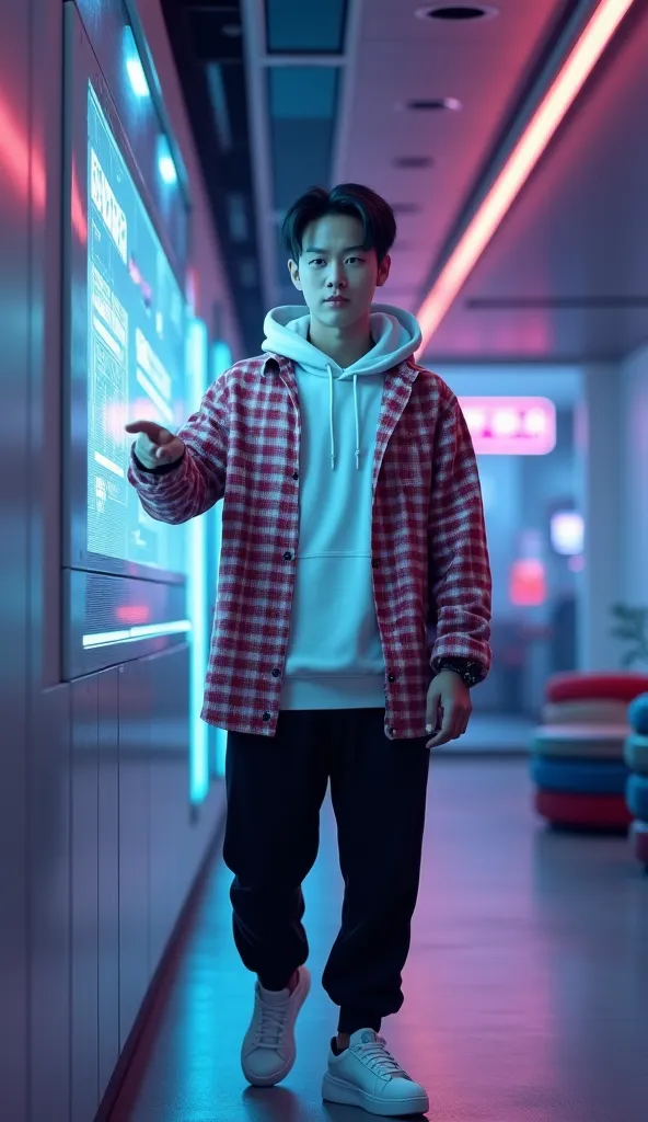 Cinematic shots of futuristic nightclub with DJ buttons . A handsome boy s a of Chinese origin with short dark hair and good looks wearing an oversize red Checkered shirt open with white Hoodie long Sleeve, black trousers jogger, sneakers, eyewears. He tou...