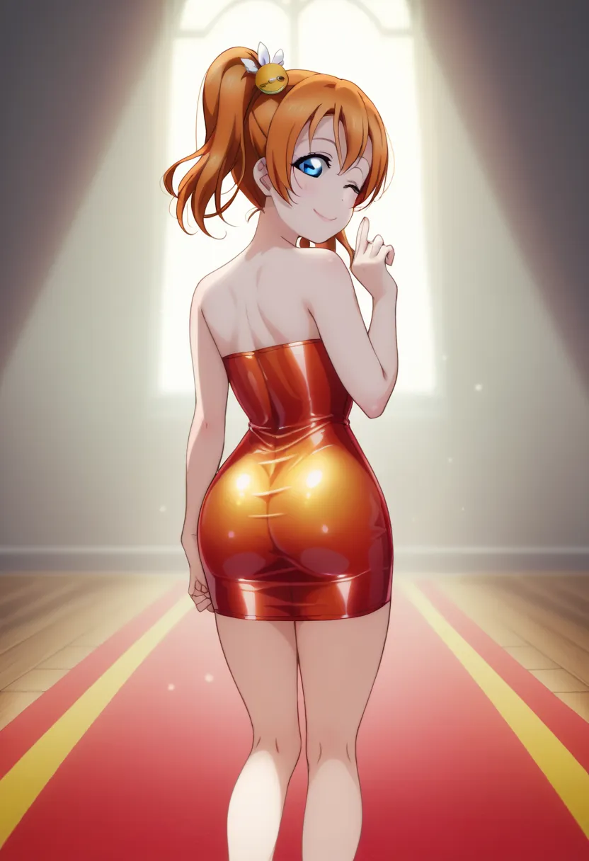 anime style, love live,kousaka honoka , blue eyes, love live, orange hair , from behind, looking back, ((short silver bodycon dress)), strapless,latex, cute smile , hair ornaments, (curvy body), standing for interview,red carpet, micro skirt, perfect eyes,...