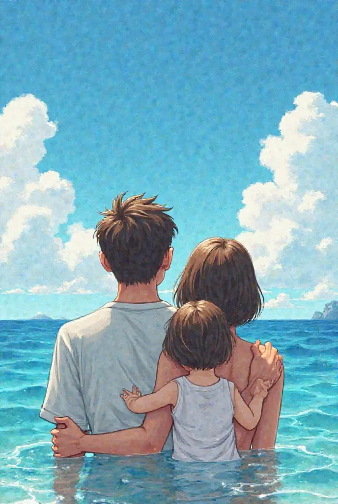 a man with short brown hair holds with his left hand a woman with short shoulder-length dark brown hair and with his right hand embraces a baby girl with short brown hair, who are all looking at the sea-style cartoon water paint