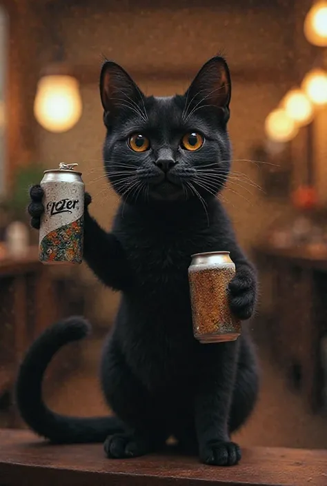 Create a black cat animal with brown eyes and with a human bogode and goatee that is thin like a pagoda. The cat must be standing on two legs and in one hand holding a beer can written "beer". All this inside an antique-style barbershop