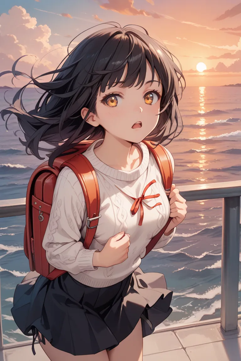 1 girl, bluish black hair, touching the shoulder hair, white sweater, black check short mini skirt, wind lift skirt, side-tie white panties, light orange socks, red ribbon on the chest, Wear an orange scrunchie on your arm, frown, slightly leaning forward,...