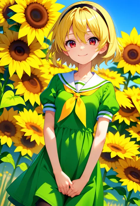 score_9, score_8_up, score_7_up, score_6_up, score_5_up, score_4_up, source_anime,newest,game cg,dutch angle,houjou_satoko, 1girl, solo,skinny, blonde hair, hairband, dress, short hair,short sleeves, black hairband, dark green dress, sailor collar, red eye...