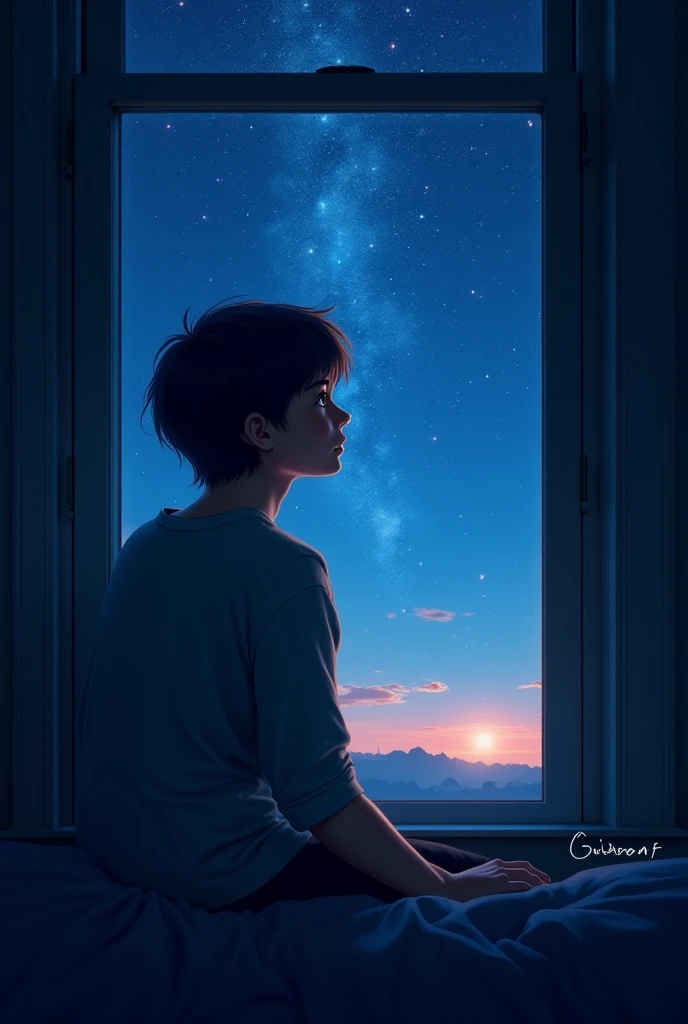 A  looking to the stars behind a windows 