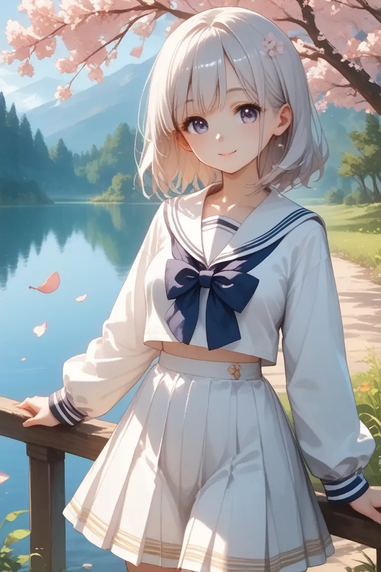 Big Breasts、tsukishiroluna、garden、sailor suit、cute、anime、hair flutters in the wind、cherry blossoms、tsukishiroluna、 Long Sleeve、cardigan、shiny skin、lake、 Mount Fuji