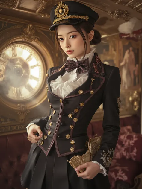  In the world of steampunk 、A cute 20-year-old Japanese woman is standing.Regent hairstyle、forehead、 full body、 from side、。steampunk flight attendant clothes 、steampunk flight attendant suit 、 steampunk garrison cap, steampunk high-heeled shoes、she is bask...
