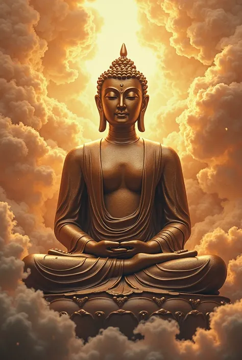 A giant bronze Buddha statue with a natural style, hand made indoctrination, surrounded by magical clouds and warm golden light, creates a feeling of meditation and peace