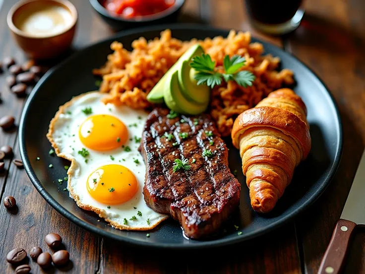 "A top-down shot of a luxurious breakfast spread: a perfectly cooked steak with grill marks, sunny-side-up eggs with runny yolks, crispy hash browns, and a buttered croissant. Slices of avocado, fresh herbs, and a side of homemade salsa complete the setup ...