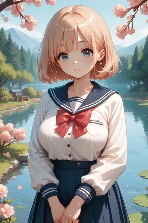 Big Breasts、tsukishiroluna、garden、sailor suit、cute、anime、hair flutters in the wind、cherry blossoms、tsukishiroluna、 Long Sleeve、cardigan、shiny skin、lake、 Mount Fuji、tsukishiroluna