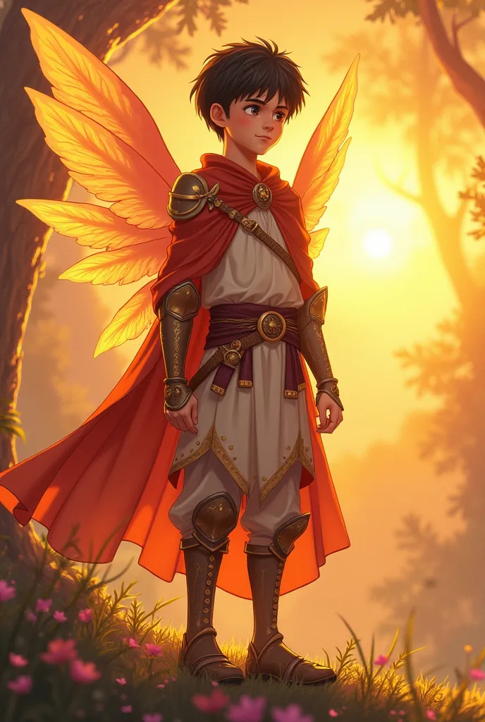 Make a 20-Year-Old Boy, with fairy wings, Guardian or warrior clothes. He's sweet and sweet,  dark hair in her arms and short , your magic is based on the sun and the stars. Focus on the colors yellow, Orange and Pink