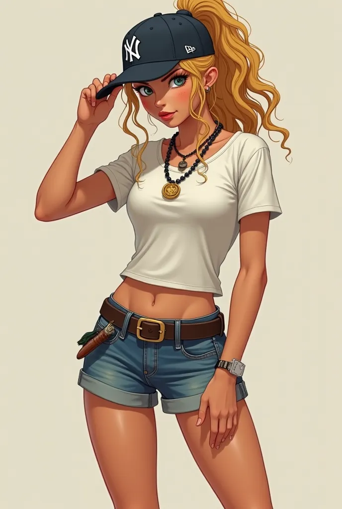 Pose as a 2D character: YOUNG Girl standing with one hand on her hip and the other holding her Yankees cap, with a challenging and confident look. slim body t-shirt. hair: golden blonde, curly and long, usually tied in a high ponytail. but without looking ...