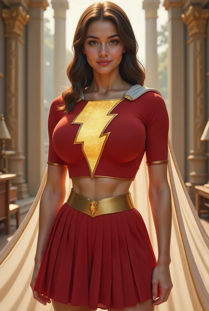 A YOUNG 17-YEAR-OLD FEMALE**"A stunning, high-resolution, ultra-detailed depiction of a classic Mary Shazam costume with a vintage 1980s aesthetic. The outfit consists of a thick, form-fitting red spandex crop top with a bold, golden lightning bolt emblem ...