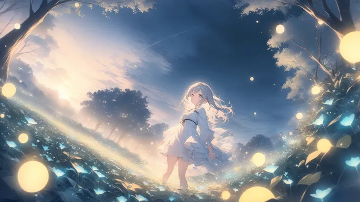 ((style:Colored pencil,Light color)),(anime)、(masterpiece:1.2), atmospheric perspective ,lens flare,one girl,  Wide viewing angle , Firefly Garden, There is a small pale light and lots of fireflies flying