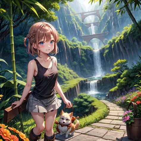 pink brown brown gold hair、 eye、  Has hair tied  、Two cute people、 Check Mini Skirt、  black t-shirt、 Light clothing、 tank top、 camisole、high socks、 Boots、 teeth inside、  The Road Is Crooked 、Mountain々、Stick together  、 bamboo forest、 chest pocket  、rock sa...