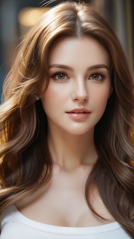 （best quality，High resolution，master piece：1.3），tall and beautiful woman，frontage，Long dark brown hair with loose waves,big breasts，V-neck white shirt，dark alley，Beautifully rendered facial and skin texture details，charming eyes，charming eyes，double eyelid