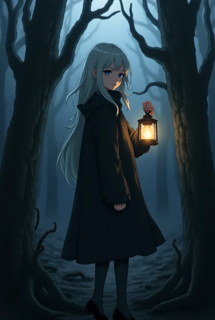 The main composition element：White-haired girl（allows you not to see your face），Black cape covers head，holding a lantern in his hand， The surrounding background should be Cthulhu style with black octopus tentacles sticking out from behind the dead trees on...