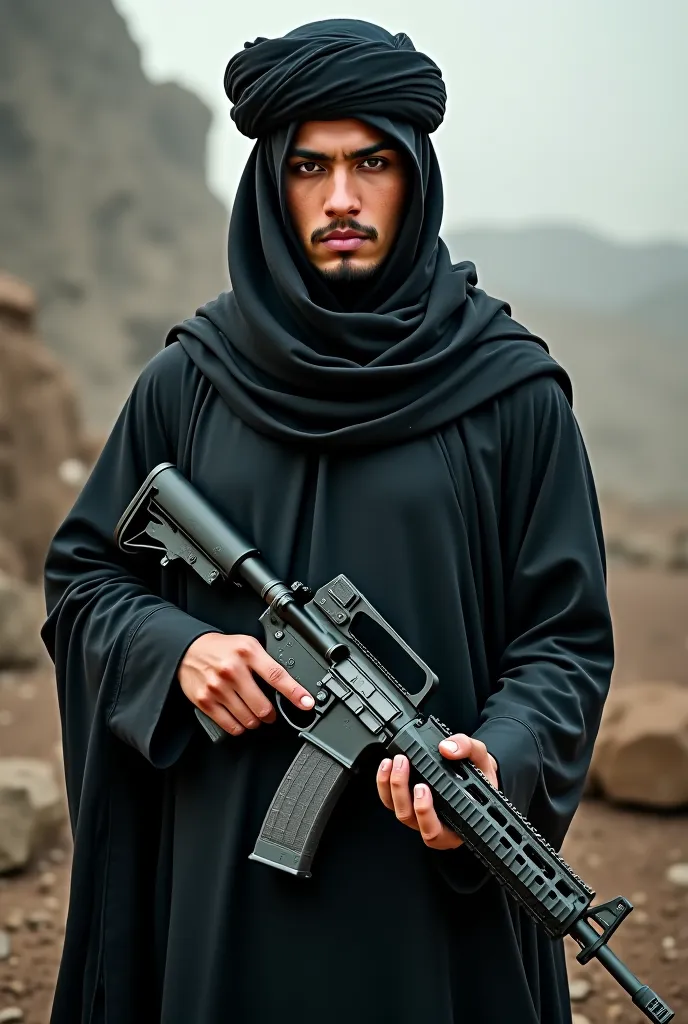 18 years old Pakistani young boy,handsome,       wearing black panjabi and pajama, wearing a        black sheemag on head,Mujahideen, holding an M4A1 rifle.