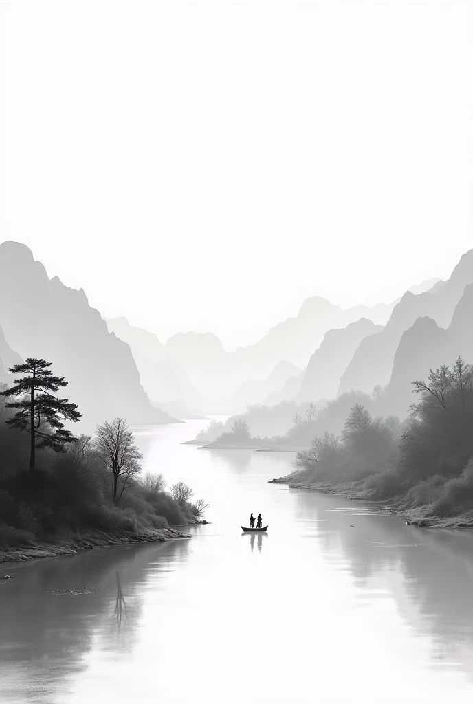 A1（594mm*841mm），Horizontal， Chinese style，traditional Chinese painting， black and white ，Ink，Aerial style，Yangtze，with lots of white space，artistic conception，no need to draw mountains，focus on rivers，content simple and clean picture，suitable as a poster b...