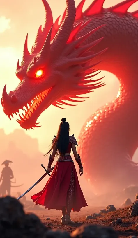 On an ancient Chinese battlefield, Mulan stands in her warrior armor, holding her sword. Behind her, a massive red humanoid dragon with glowing crimson scales and glowing molten eyes looms, its sharp claws ready to strike. Its muscular body coils with ener...