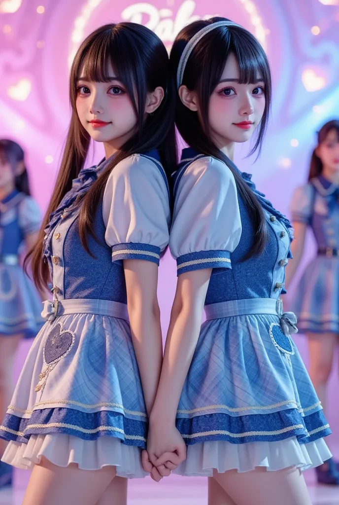 (extremely detailed, score_9, score_8_up, score_7_up, Very detailed, Detailed, Sharp focus, 8K UHD), Realistic full-body photos of two petite and very young Japanese women, (((Full-body costume visible, thick legs visible, chubby women))), Big smiles, deta...