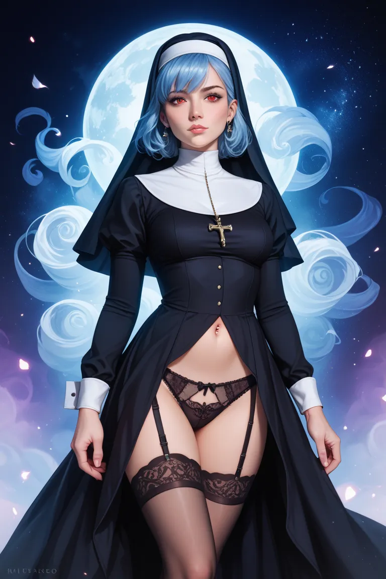  a anime style.Succubus nun with horns with blue short hair and red eyes.in white lace panties with garters. naked with medium breasts