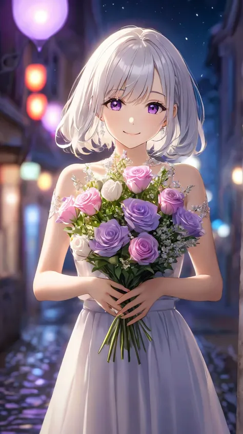 1 girl, solo, High Resolution, smiles, high quality,  Silver Hair, Aperture F1.2,  Slim,chest,purple eyes,night,bouquet,no background