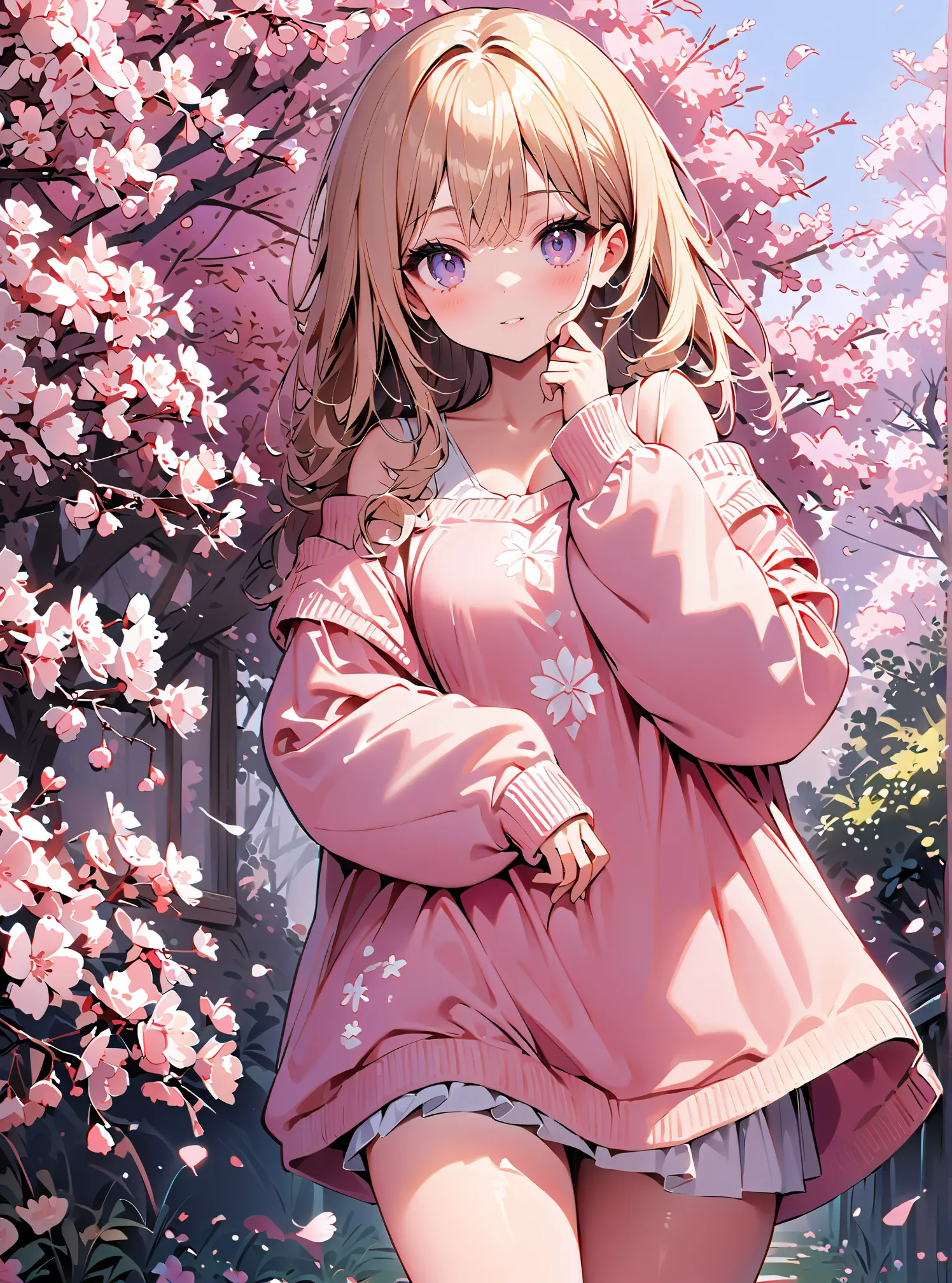 1 Girl, cute, (((masterpiece))), many decorations, high quality, high quality, (((extremely detailed))), 8k, background design,cherry blossom,petals,(((background Design))),kirakira,(((cowboy shot))),spring,spring fassion,long sleeve,sweater,off sholder,