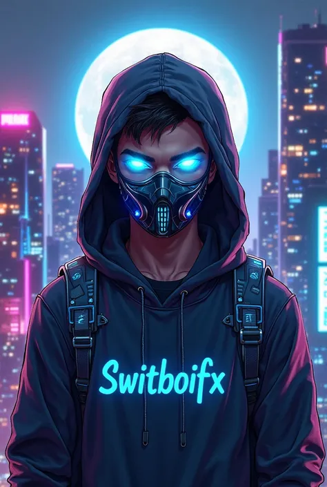 "A futuristic cyberpunk-style digital illustration of a young man with glowing blue eyes, wearing a sleek high-tech mask without any logo or symbols. His dark hoodie features glowing blue accents and tactical straps. The background is a neon-lit cityscape ...