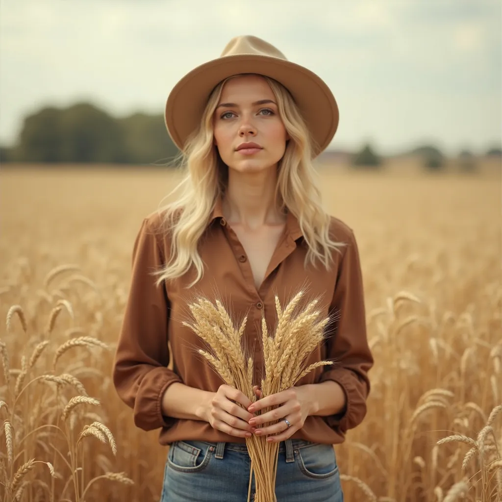 This image is shot in a vintage style, possibly with elements of a rural idyll. The image shows a young blonde English woman wearing a beige hat, a brown blouse shirt and blue jeans in the middle of a golden wheat field, holding a bundle of wheat in both h...